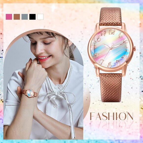 Stylish 32mm Rainbow Leather Watch for Women: Elegant & Precise Quartz Timepiece - Picture 4 of 7
